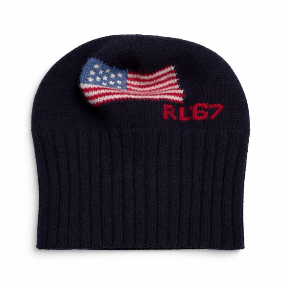 Rare Polo Ralph Lauren‎ RL67 American Flag Beanie 100% Wool Navy Heritage Hat